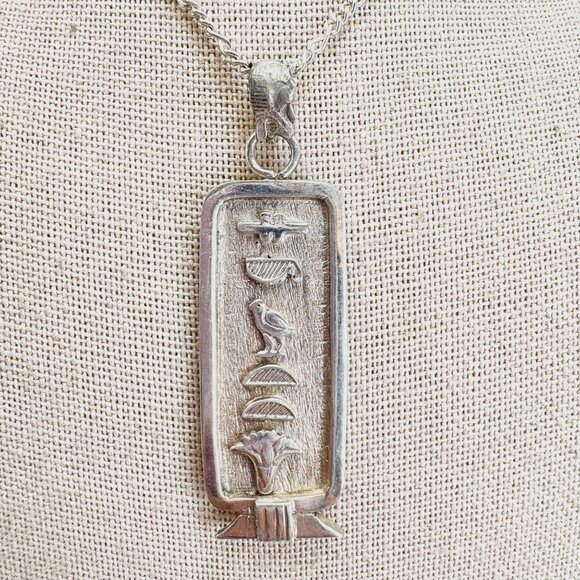 VTG Sterling Silver 925 Hieroglyphic Pendant Chain Necklace Size 26" Length - Picture 1 of 15